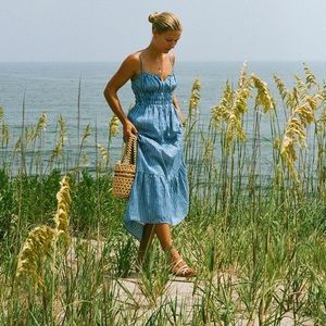 Faithfull the brand shaloom blue stripe midi linen dress xs extra small
